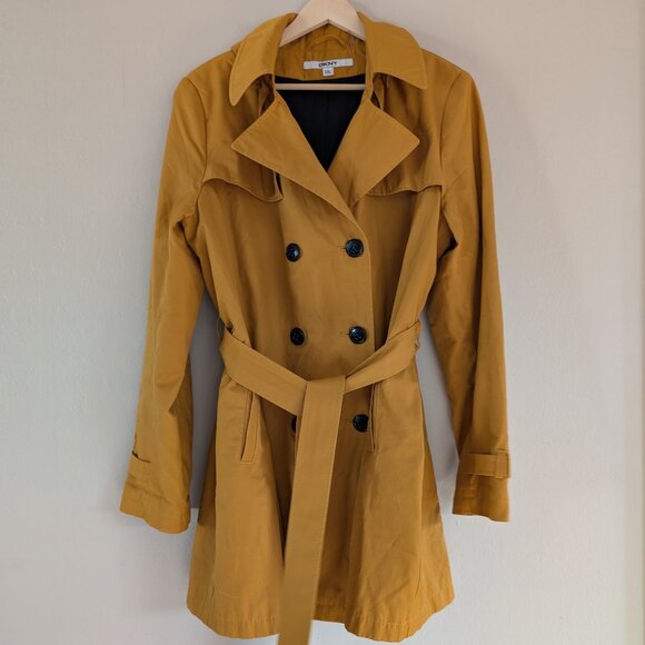 DKNY Mustard Yellow Belted Trench Coat with Hood - Size XXL - Picture 1 of 16